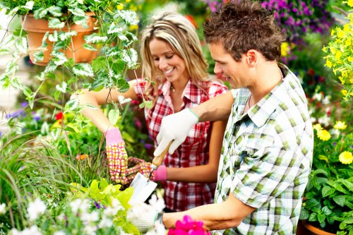 In a lush garden setting typical of Sydenham, two individuals are engaged in gardening activities amid a variety of plants and flowers. The foreground features a well-maintained lawn with dense, green grass and a flower bed border filled with colorful blooms, including pink and yellow flowers. Behind them, there are neatly trimmed hedges and a mixture of shrubs, adding to the structured landscape. To the left, potted plants with trailing foliage are arranged on a wooden or terracotta shelf. The garden's backdrop includes mature trees and flowering bushes, suggesting a thriving, well-cared-for outdoor space. Overcast lighting softens shadows, indicating a mild weather day suitable for outdoor gardening. The individuals are dressed in casual attire, with similar plaid shirts, and are wearing gloves and using gardening tools, reflecting active garden maintenance typical of professional lawn and garden care services. This scene exemplifies sustainable gardening practices that landscaping companies like Landscapers Sydenham incorporate into their services, including plant care, maintenance, and eco-conscious landscaping within the Sydenham area, and aligns naturally with the theme of recycling and sustainability. Each element in the garden is arranged to promote natural beauty and ecological responsibility, emphasizing professional outdoor maintenance and landscaping expertise.
