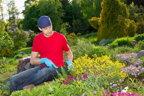 A man wearing a red T-shirt, blue gardening gloves, and a blue polka-dotted cap is seated in a well-maintained garden, surrounded by a variety of flowering plants, shrubs, and small trees. The garden features a mix of coloured flowers including yellow, pink, and purple blossoms, with lush green foliage creating a vibrant outdoor scene. In the background, tall trees and dense greenery form a natural boundary, indicating a landscaped backyard or front garden area. The soil appears freshly tended, with some plants arranged neatly along the borders, and a mixture of gravel and soil surfaces visible. The weather looks clear and sunny, with natural daylight enhancing the colours and textures of the garden plants and foliage. This setting exemplifies a typical well-kept residential garden in the UK, aligning with professional gardening and landscaping standards provided by companies like Landscapers Sydenham, who specialise in outdoor garden care and maintenance services for the Sydenham area in South London, near the postcode SE26.