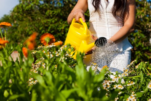 A person wearing a white top is tending to a lush, well-maintained garden in Sydenham, tending to various plants, flowers, and shrubs. The foreground features a dense mixture of flowering plants, including orange and white blossoms, with green foliage creating a vibrant, natural scene. In the background, there are neatly trimmed hedges and trees providing structure and privacy to the outdoor space. The garden surface includes a combination of grass and soil, with a paved or decking area partially visible in the scene, typical of landscaped yards in the area. Bright sunlight illuminates the scene, casting soft shadows and highlighting the diverse textures and colours of the plants, suggesting a clear, sunny day. This outdoor garden environment reflects professional landscaping standards, with well-placed plants, maintained lawn, and thoughtful layout, relevant to the gardening services provided by companies such as Landscapers Sydenham in South East London, known for creating and maintaining attractive outdoor outdoor spaces.